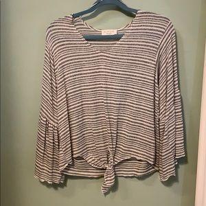 Lavender Field Cozy Grey White Striped Tie-up Top